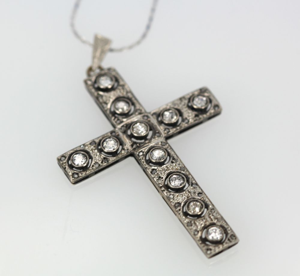 Antique Edwardian Gold & Silver Diamond Cross Pendant – angle