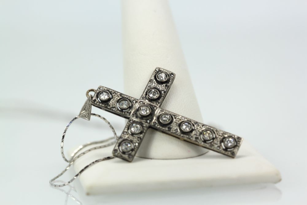 Antique Edwardian Gold & Silver Diamond Cross Pendant – with chain