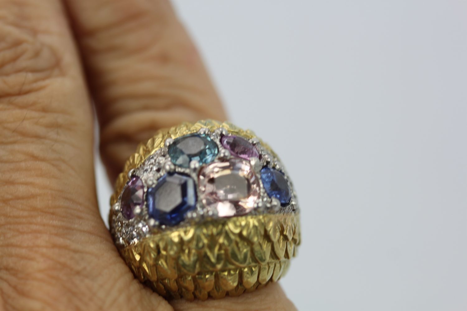 David Webb Fancy Sapphire Bombe Ring – on finger
