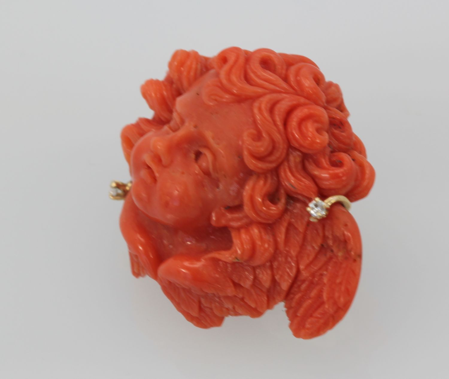 Antique Hand Carved Coral Putti Cherub Angel Brooch – right angle
