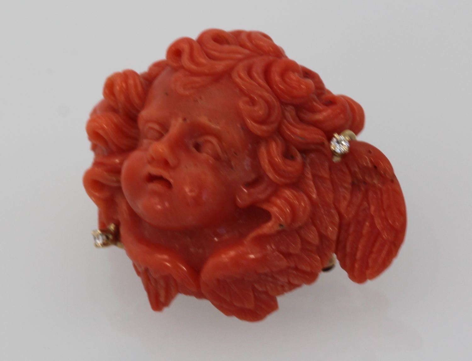 Antique Hand Carved Coral Putti Cherub Angel Brooch-  right angle #2