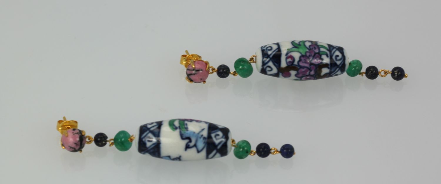 Uploaded ToDangle/Drop Ceramic Emerald, Sapphire, Rhodolite Earrings – on side