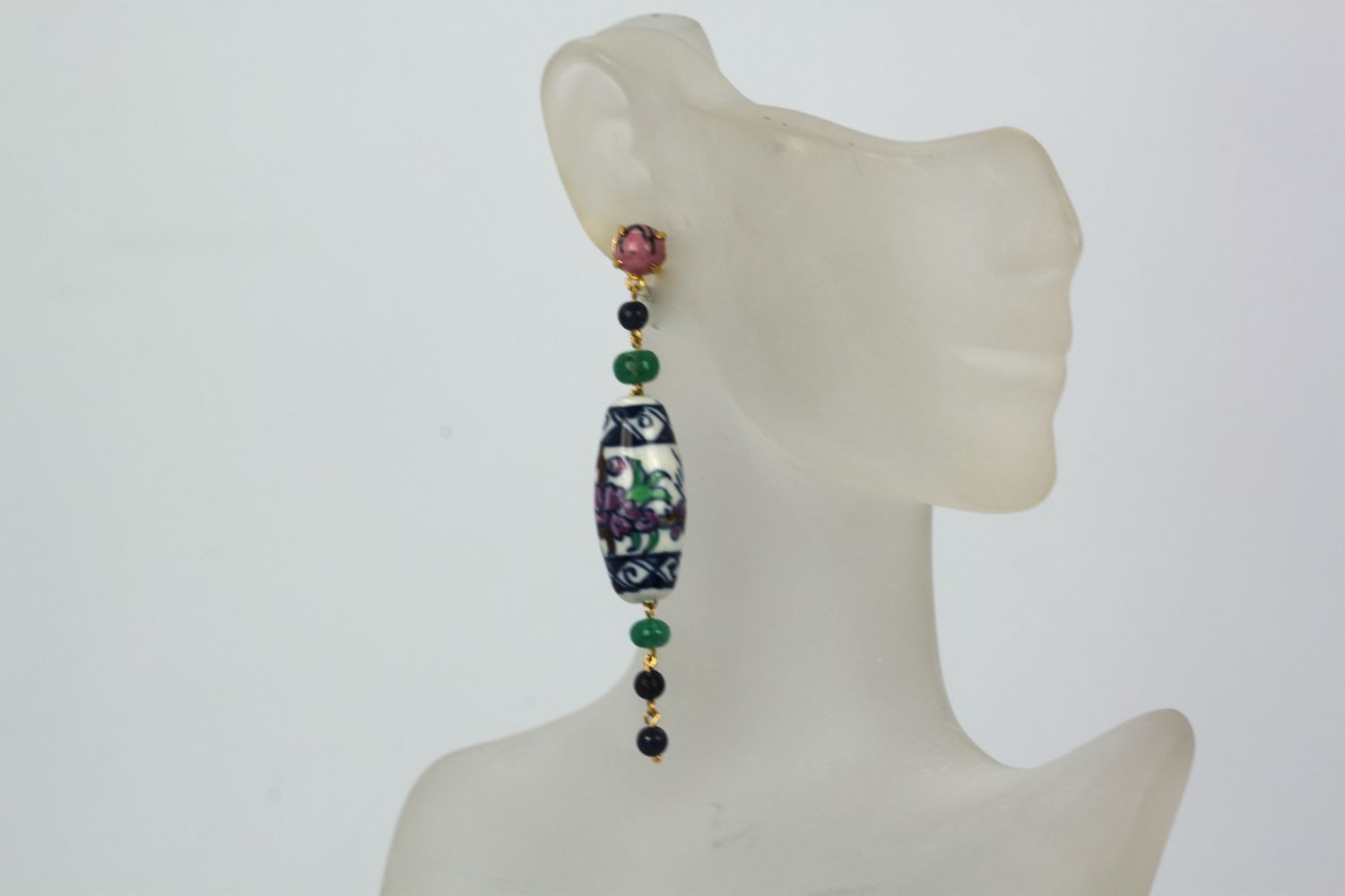 Uploaded ToDangle/Drop Ceramic Emerald, Sapphire, Rhodolite Earrings – close up