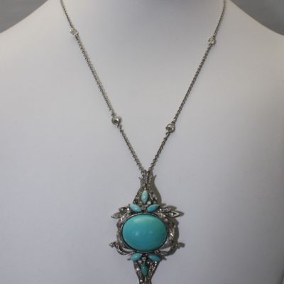 Persian Turquoise Pendant In Palladium With South Sea Pearl