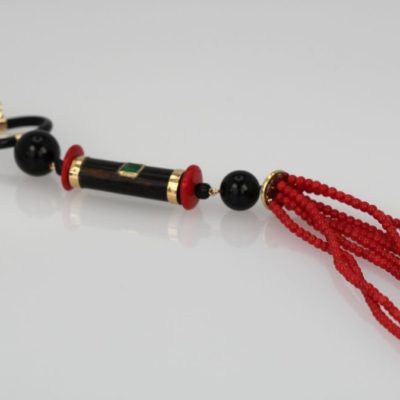 Vintage Coral, Onyx, And 18K Gold Tassel Strand Pendant entire