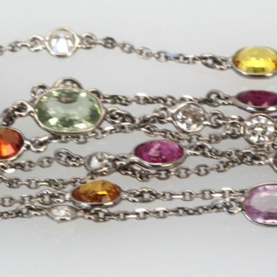 Multi Colored Sapphire & Diamond 18K White Gold Necklace 49" partial
