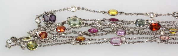 Multi Colored Sapphire & Diamond 18K White Gold Necklace 49" partial