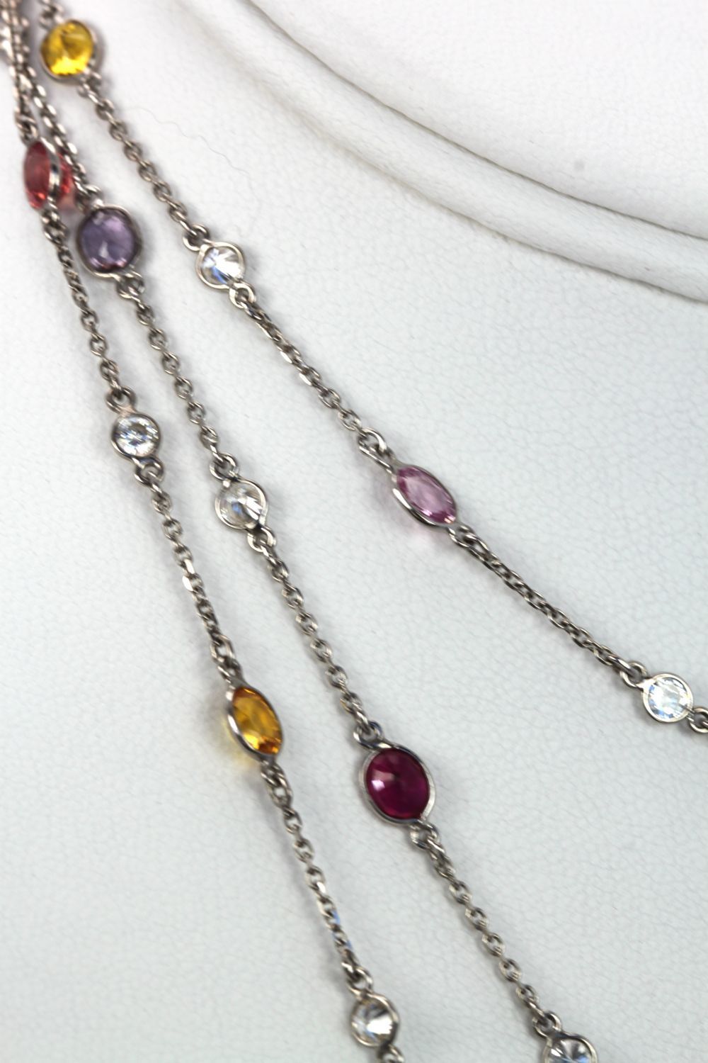 Multi Colored Sapphire & Diamond 18K White Gold Necklace 49″