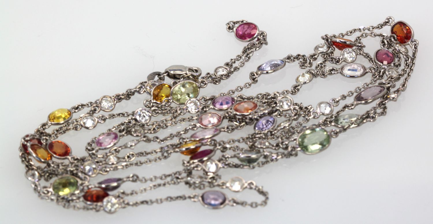 Multi Colored Sapphire & Diamond 18K White Gold Necklace 49″ lying flat