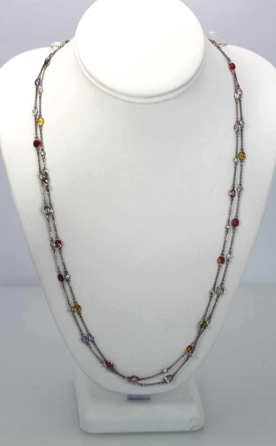 Multi Colored Sapphire & Diamond 18K White Gold Necklace 49″ model double strand