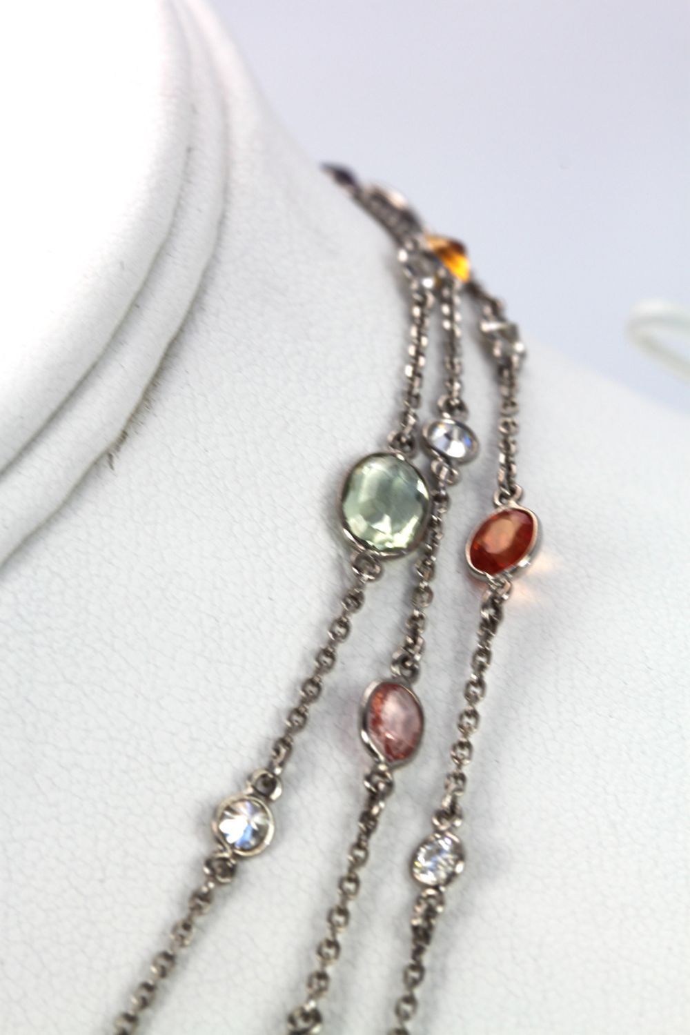 Multi Colored Sapphire & Diamond 18K White Gold Necklace 49″ model detail