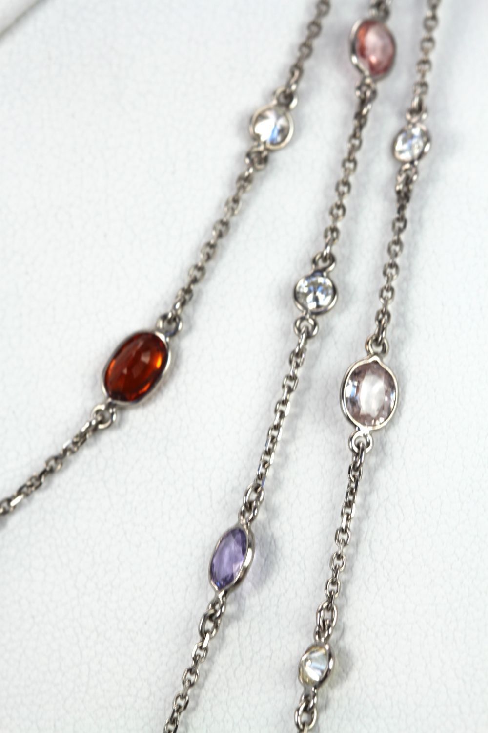 Multi Colored Sapphire & Diamond 18K White Gold Necklace 49″ close up
