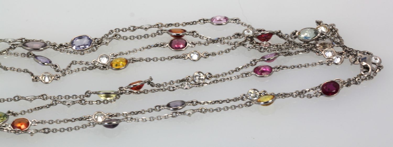 Multi Colored Sapphire & Diamond 18K White Gold Necklace 49″ strands
