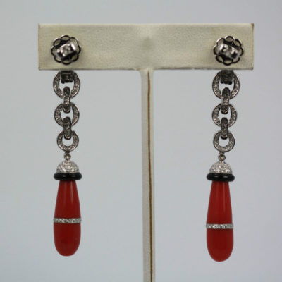 Eli Frei 18K White Gold, Coral & Onyx Drop Earrings on stand