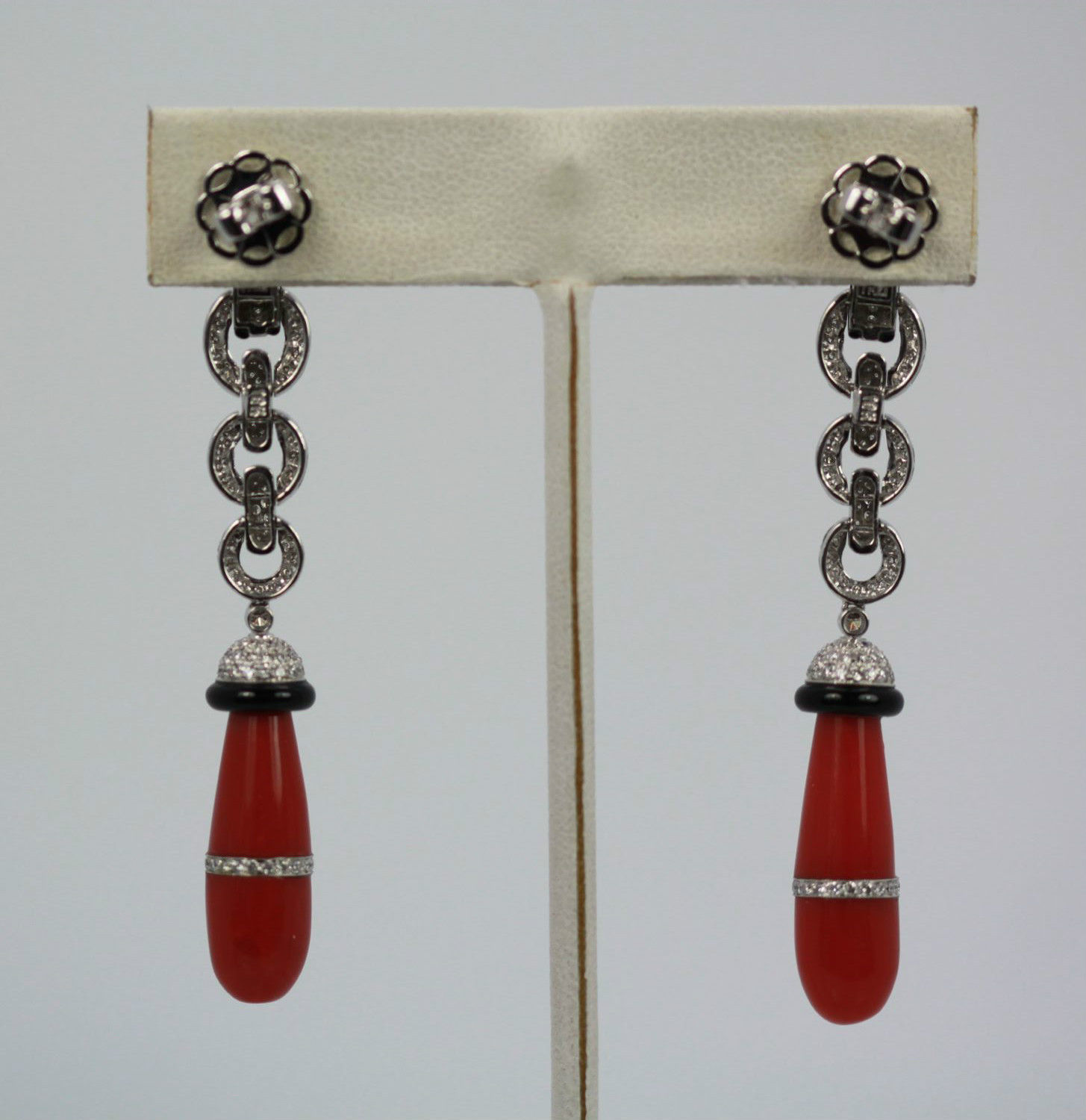 Eli Frei 18K White Gold, Coral & Onyx Drop Earrings on stand