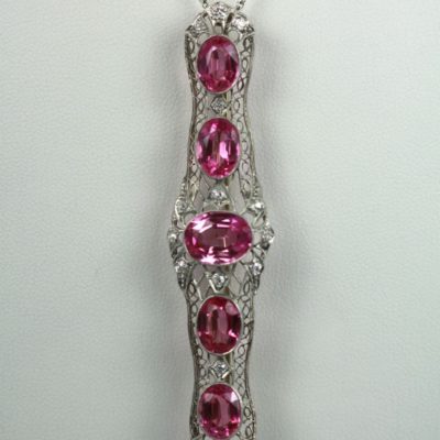 Pink Sapphire And Platinum Deco Brooch With Diamonds hanging