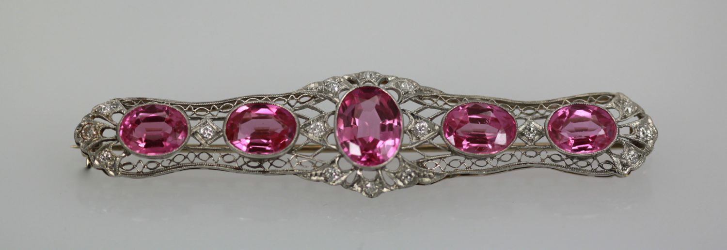 Pink Sapphire And Platinum Deco Brooch With Diamonds