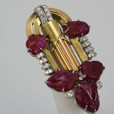 Art Deco Carved Ruby Diamond Brooch 18k Platinum detail angle