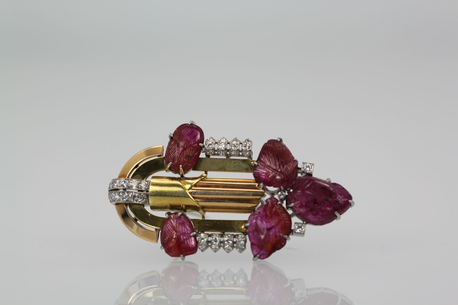 Art Deco Carved Ruby Diamond Brooch 18k Platinum