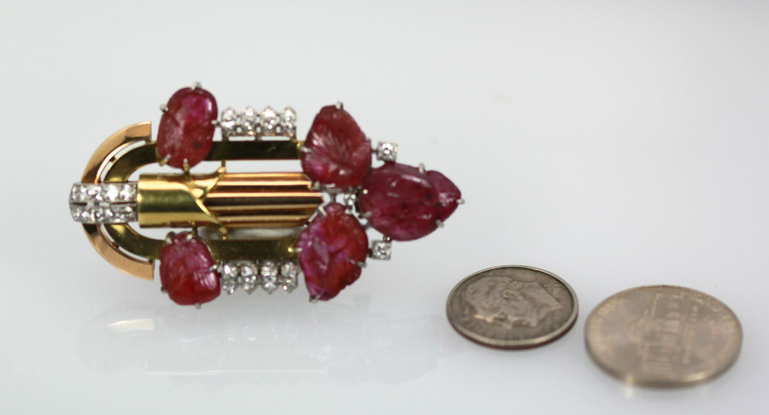 Art Deco Carved Ruby Diamond Brooch 18k Platinum scale