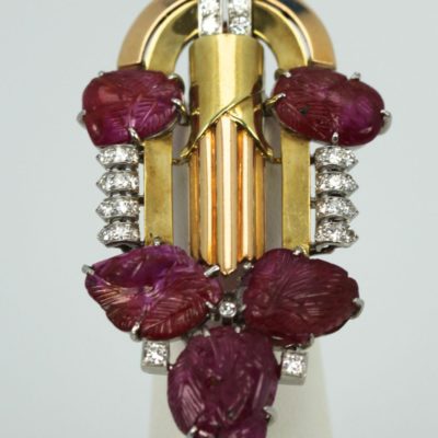 Art Deco Carved Ruby Diamond Brooch 18k Platinum detail vertical