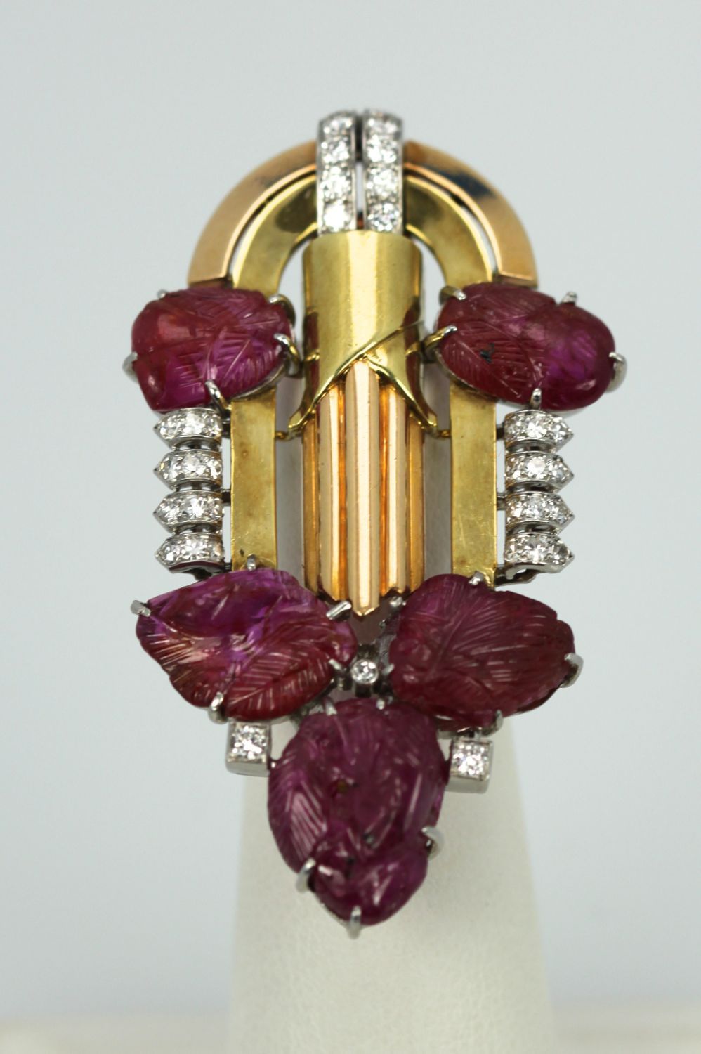 Art Deco Carved Ruby Diamond Brooch 18k Platinum detail vertical