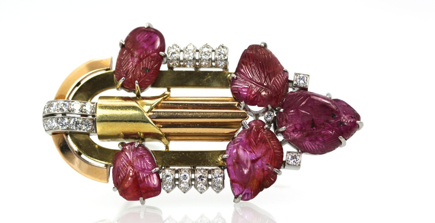 Art Deco Carved Ruby Diamond Brooch 18k Platinum close up