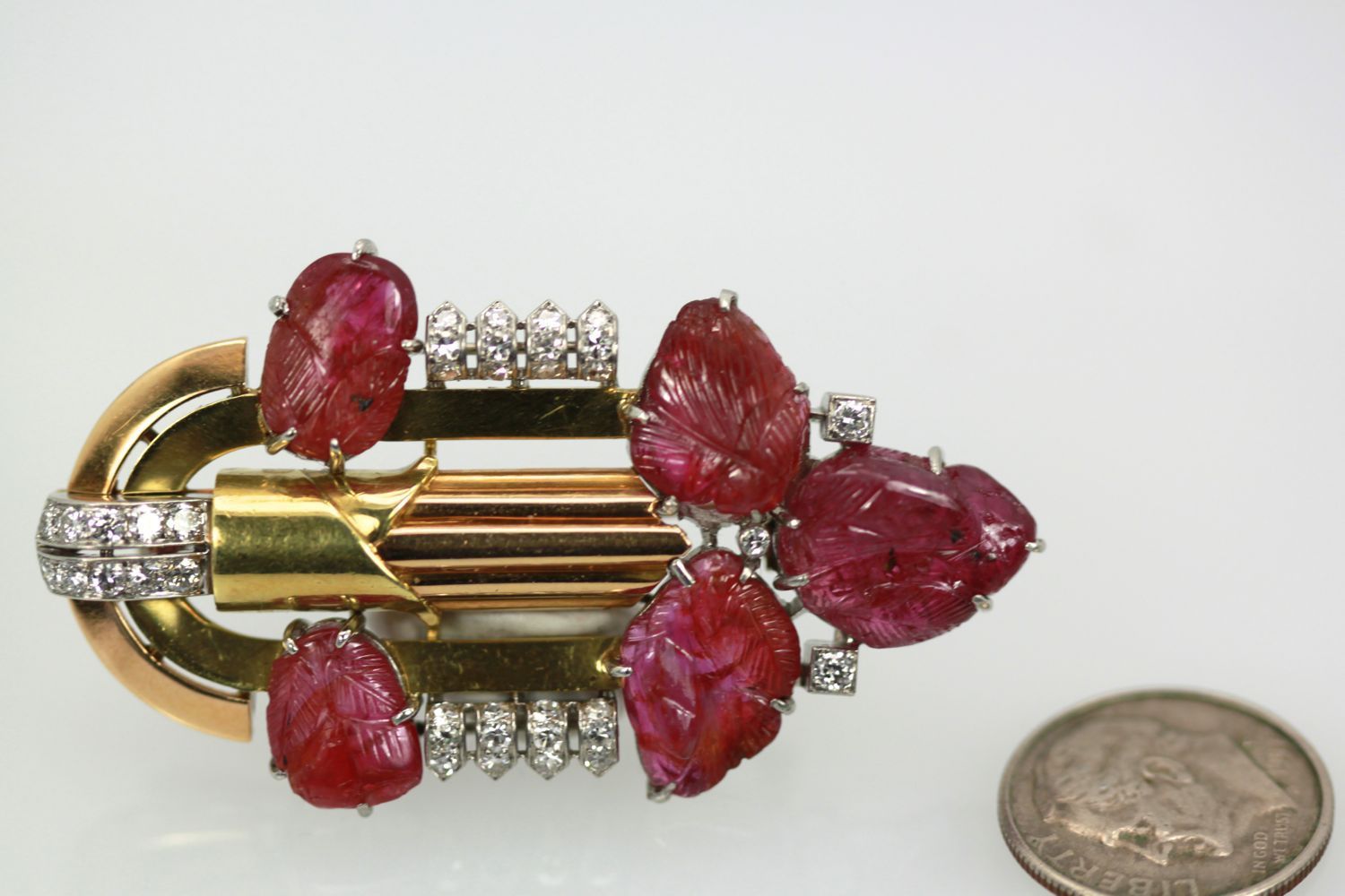 Art Deco Carved Ruby Diamond Brooch 18k Platinum scale  #2