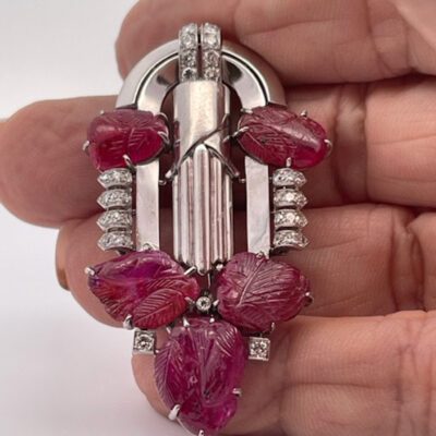 Art Deco Carved Ruby & Diamond Brooch