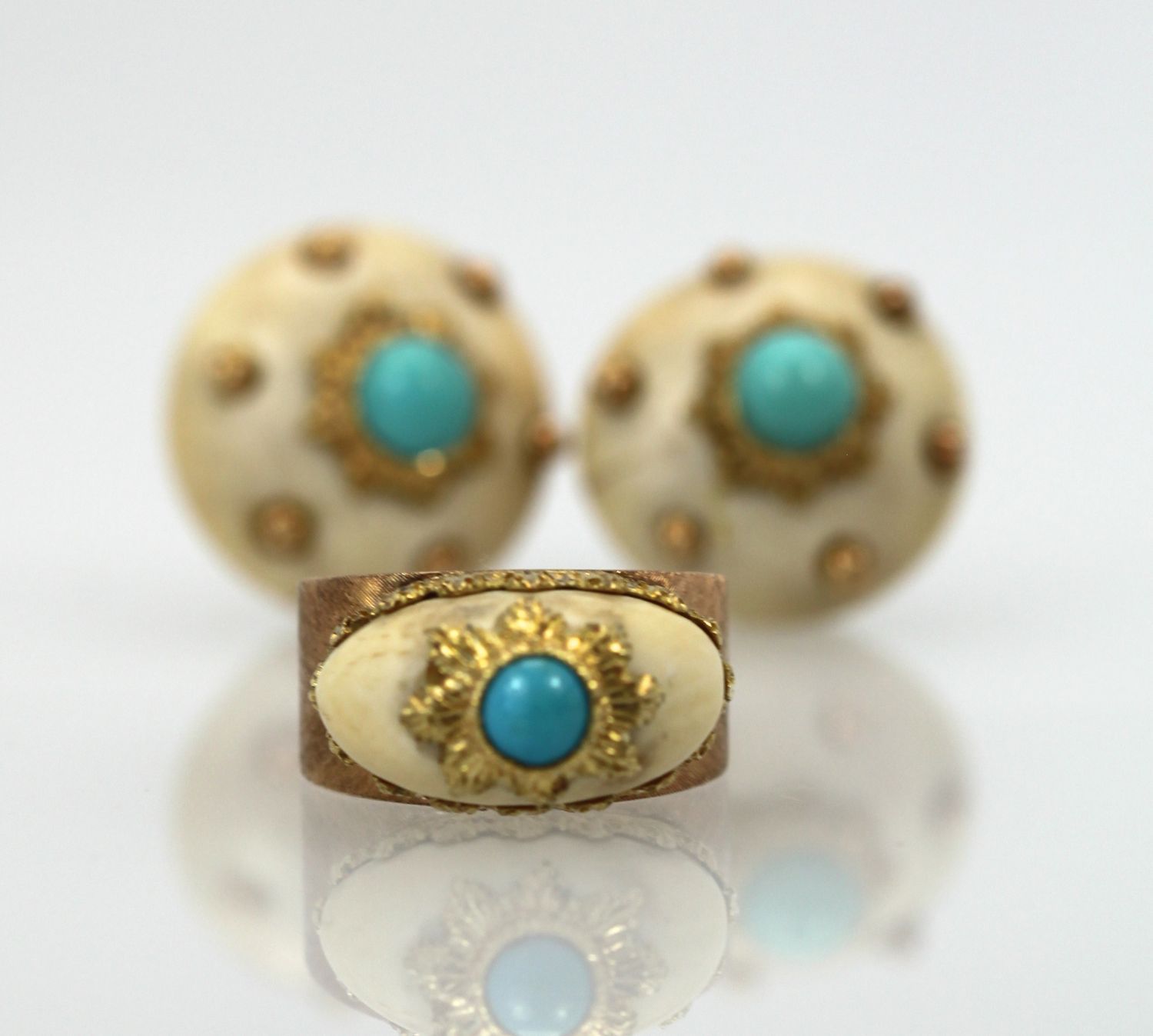 Buccellati 18K Brushed Yellow Gold & Turquoise Ring earrings in background