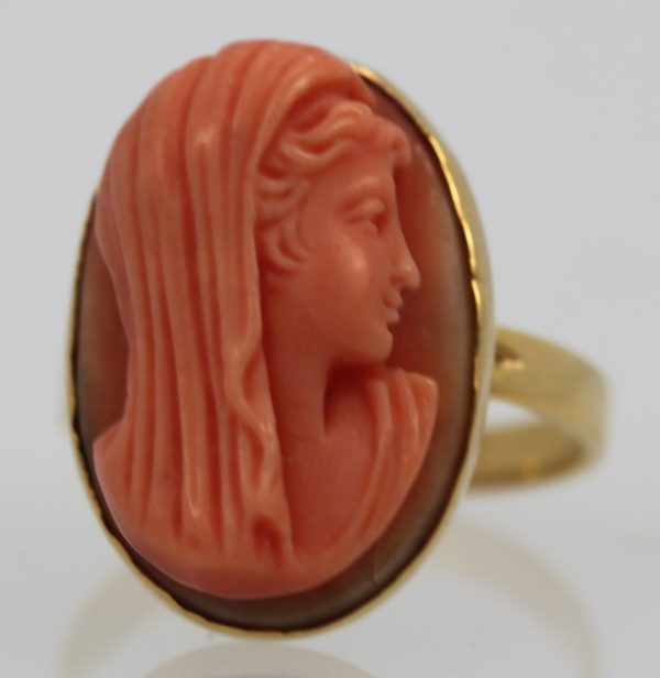 Antique Deco High Relief Carved Italian Coral Maiden Ring close up
