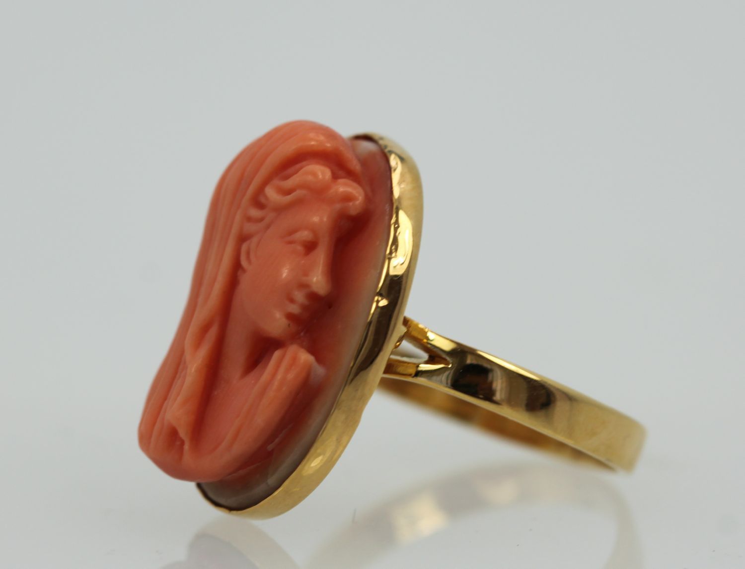 Antique Deco High Relief Carved Italian Coral Maiden Ring left side