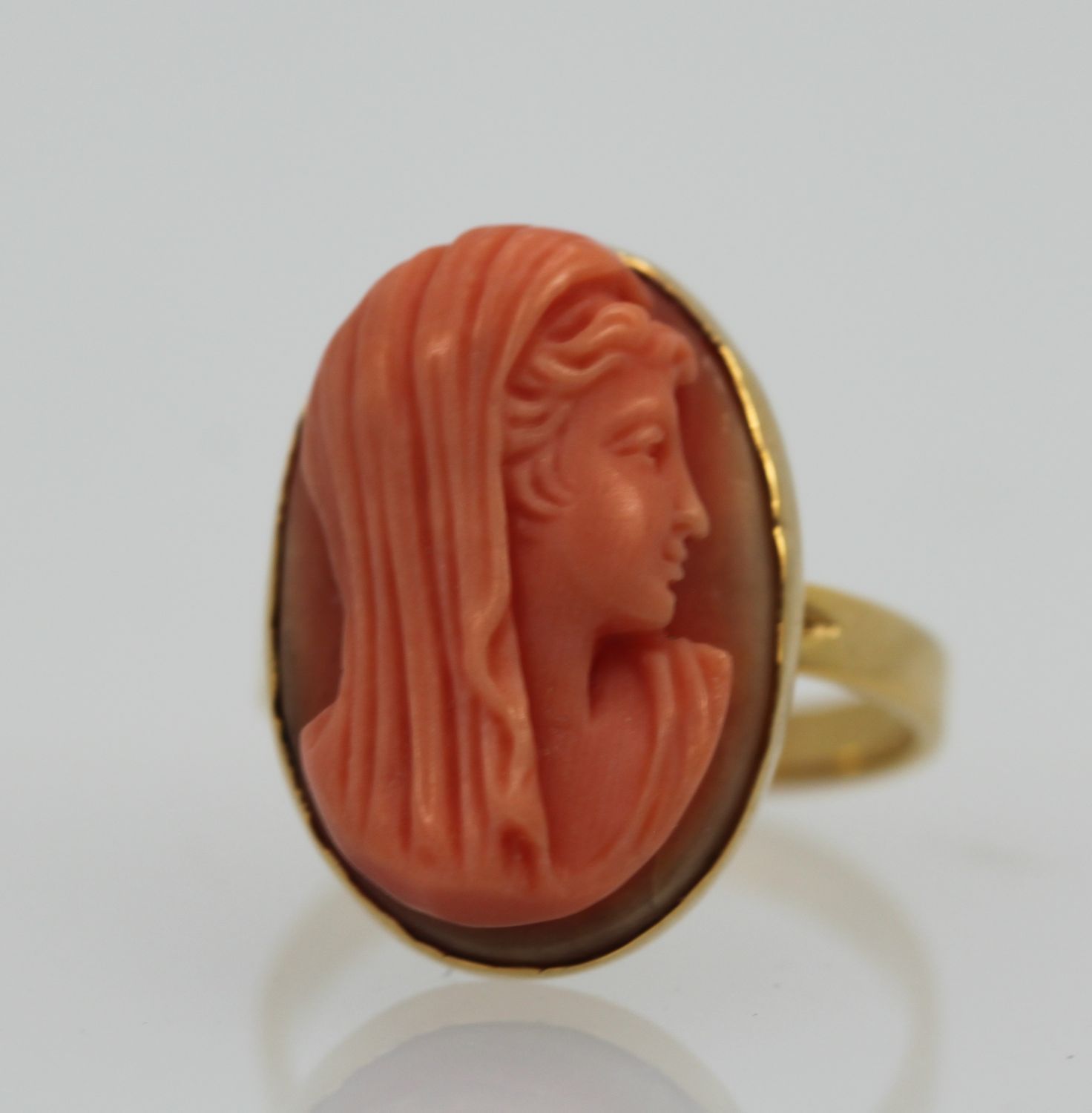 Antique Deco High Relief Carved Italian Coral Maiden Ring