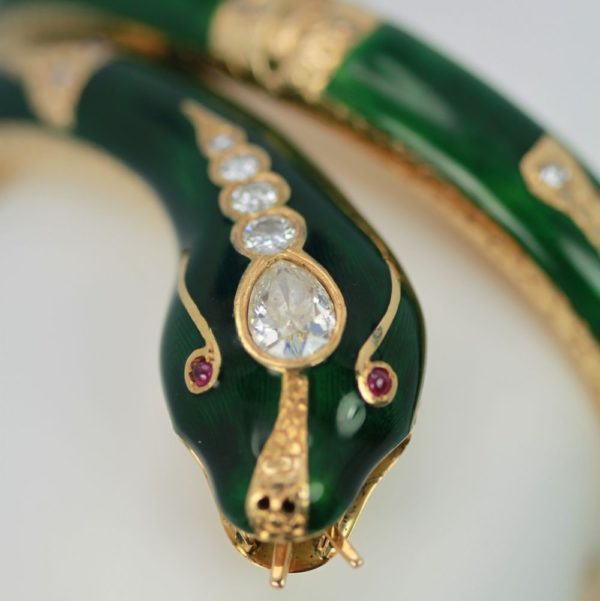 Enamel Snake Bangle Bracelet With Yellow Gold & Diamonds head