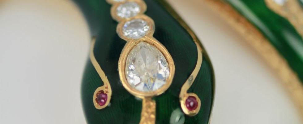 Enamel Snake Bangle Bracelet With Yellow Gold & Diamonds head