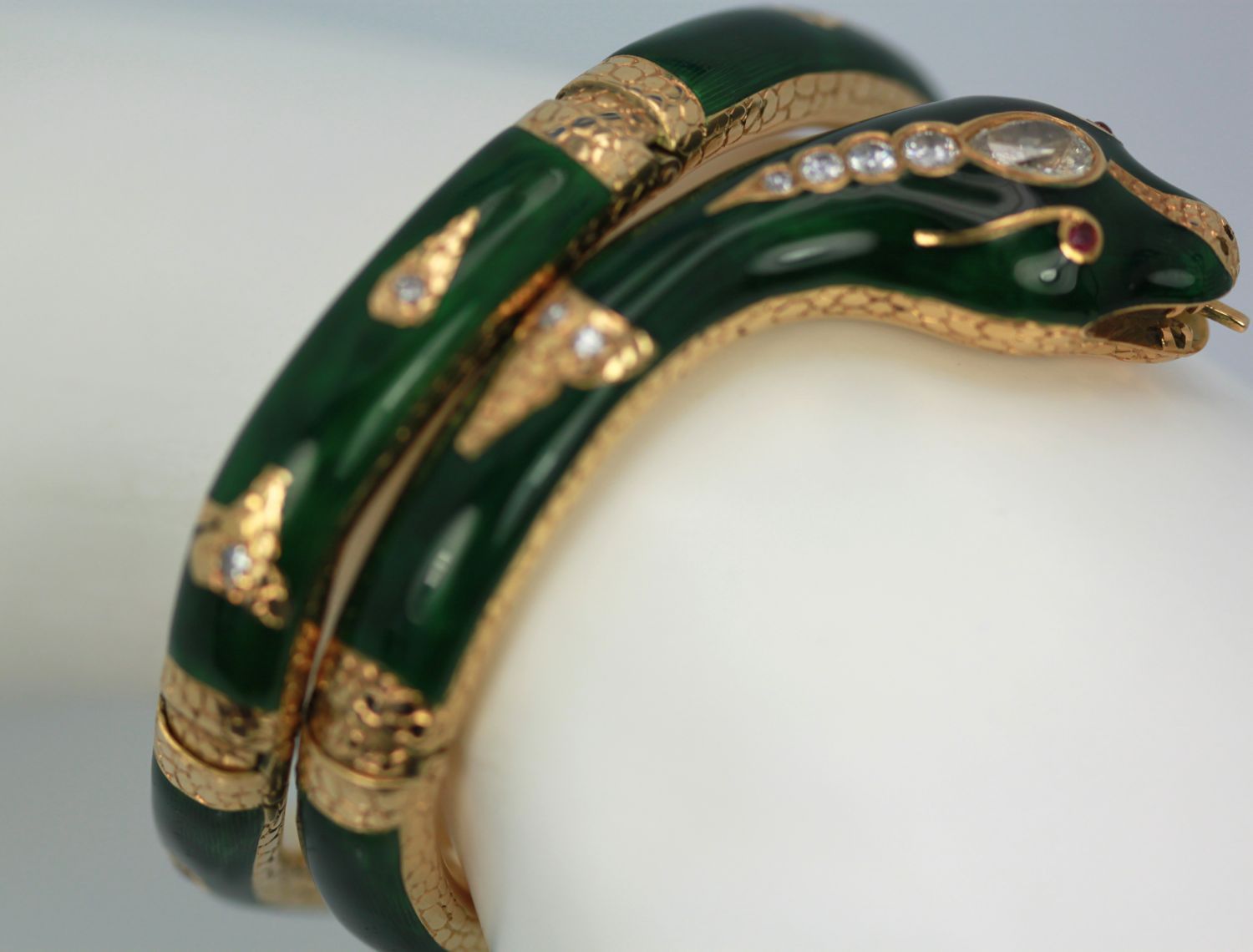 Enamel Snake Bangle Bracelet With Yellow Gold & Diamonds angle