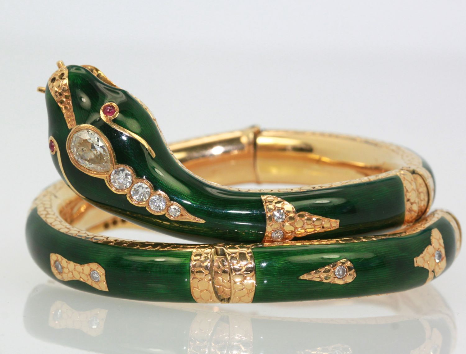 Enamel Snake Bangle Bracelet With Yellow Gold & Diamonds top view