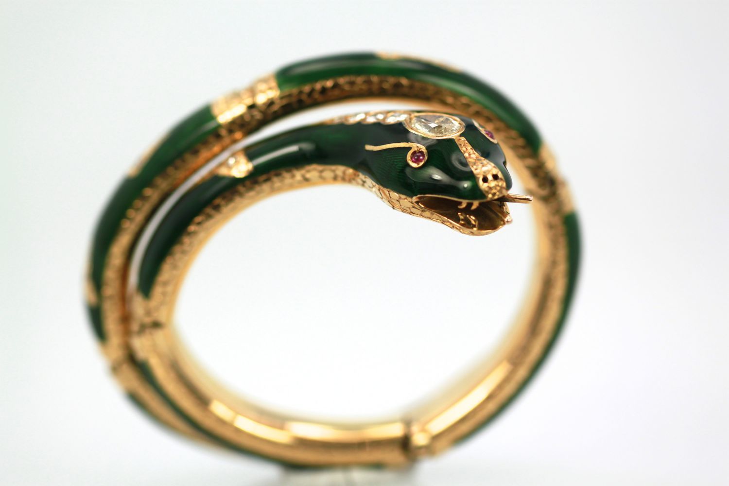 Enamel Snake Bangle Bracelet With Yellow Gold & Diamonds standing #2
