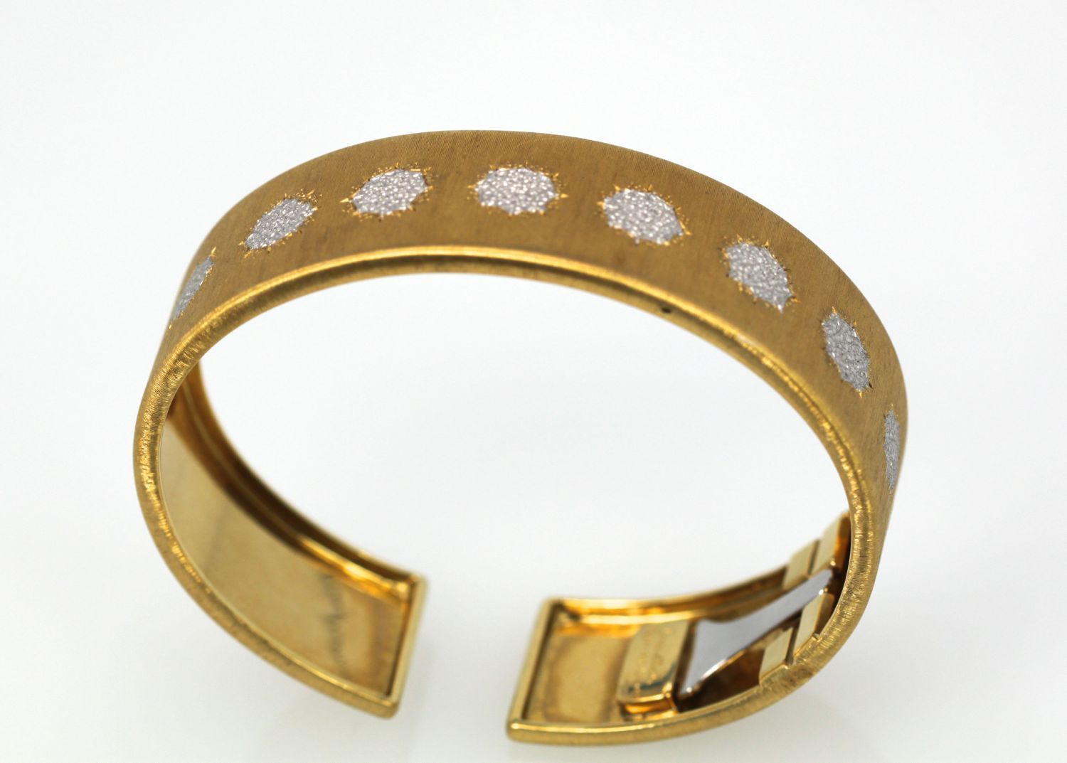 Buccellati Brushed Yellow & White Gold Cuff Bracelet model inside angle