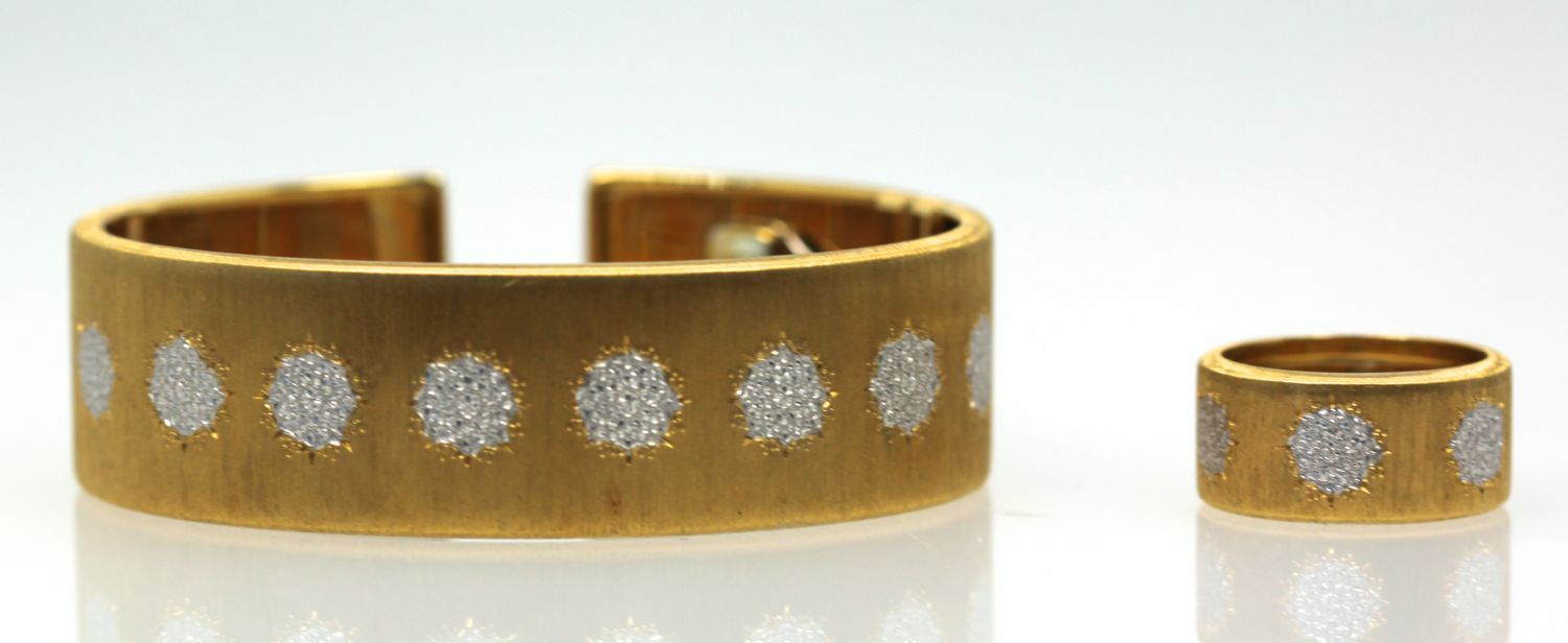 Buccellati Brushed Yellow & White Gold Cuff Bracelet and ring