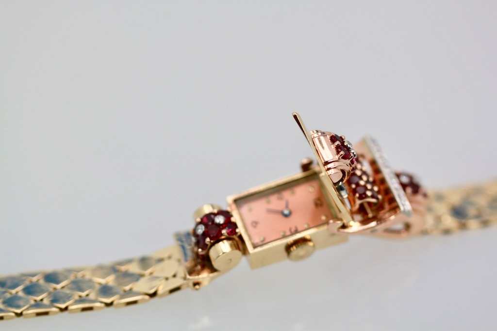 Vintage Retro Swiss Ruby Diamond Ladies Flip Top Watch – open