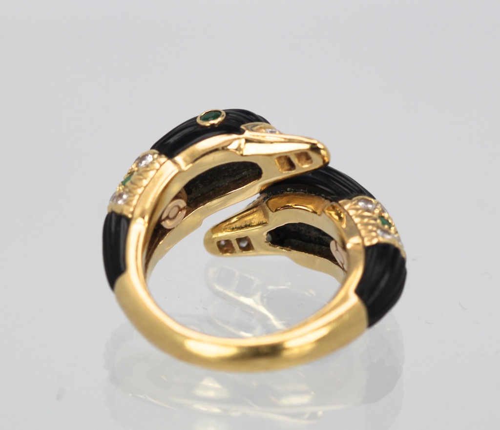 Van Cleef Double Swan Ring 18K Yellow Gold Onyx Diamonds Emerald Size 6 1/4 inside