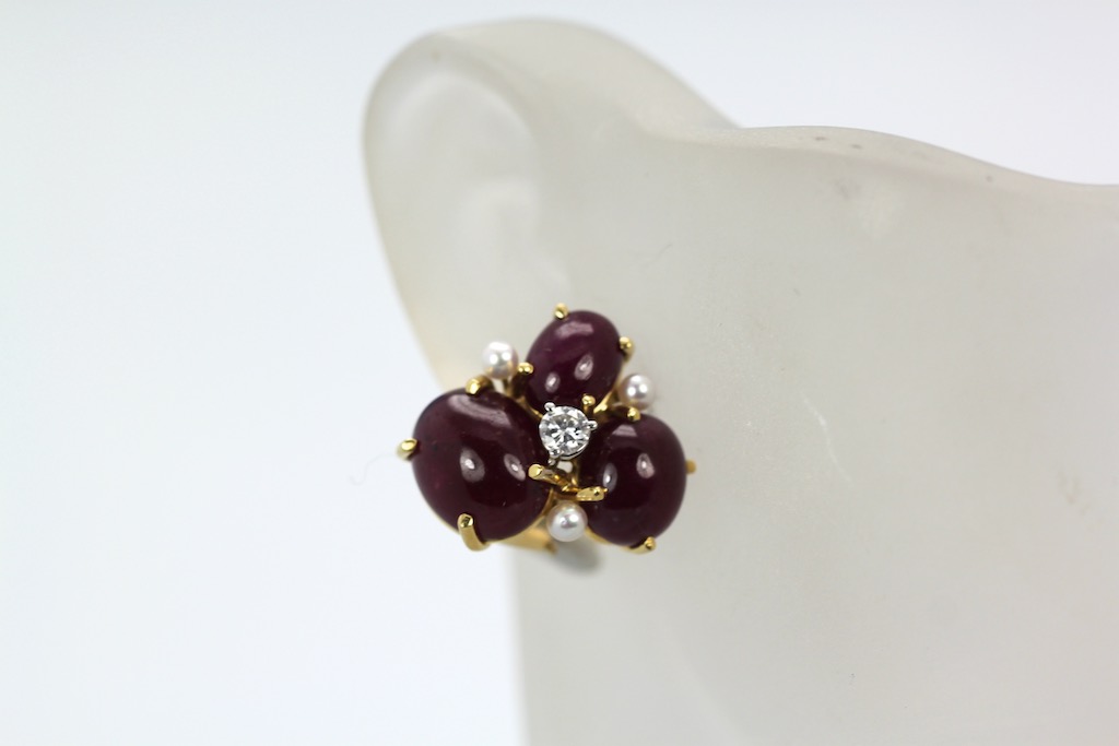 Seaman Schepps Ruby Cabochon Pierced Earrings With 3 Seed Pearls And 1 Diamond 18K on ear #2