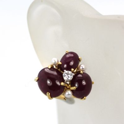 Seaman Schepps Ruby Cabochon Pierced Earrings With 3 Seed Pearls And 1 Diamond 18K on ear