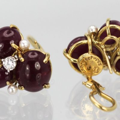 Seaman Schepps Ruby Cabochon Pierced Earrings With 3 Seed Pearls And 1 Diamond 18K front and back