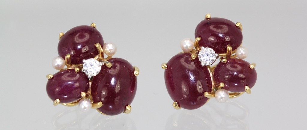 Seaman Schepps Ruby Cabochon Pierced Earrings With 3 Seed Pearls And 1 Diamond 18K detail #2