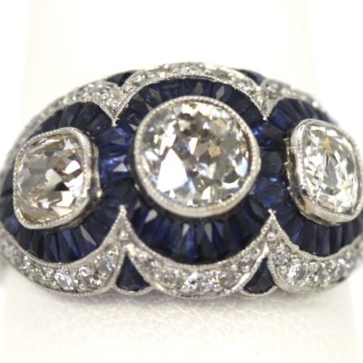 Deco Platinum Sapphire Diamond Ring - close up