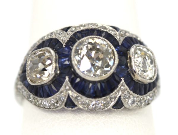 Deco Platinum Sapphire Diamond Ring - close up