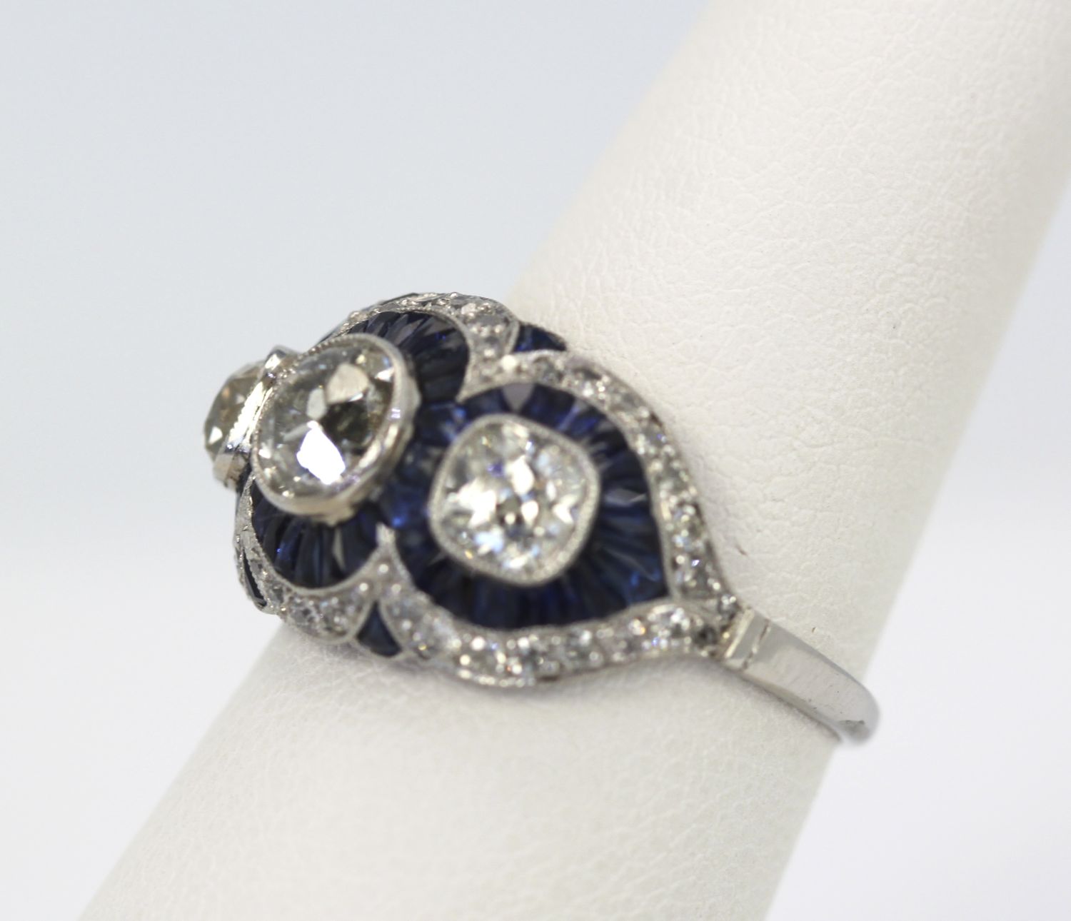 Deco Platinum Sapphire Diamond Ring – side