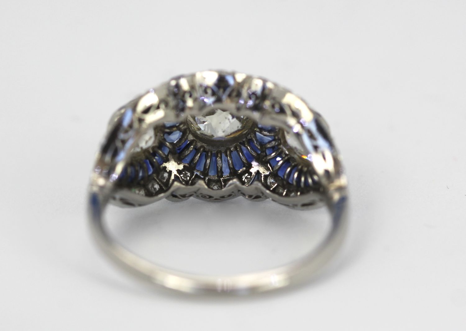 Deco Platinum Sapphire Diamond Ring – back